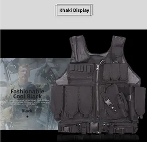 Detailed close-up of tactical vest utility pouches and breathable mesh lining in black