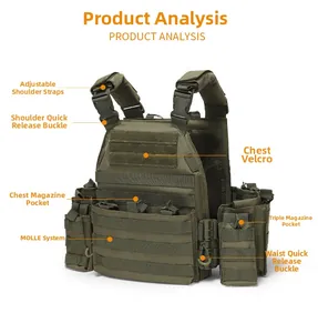 Detail of army green tactical vest featuring MOLLE system and quick release buckles