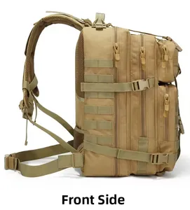 Side view of khaki tactical backpack with MOLLE system and padded S-straps for hiking