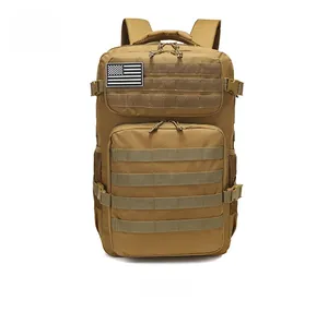 Detailed front view of khaki tactical backpack with MOLLE system and US flag patch