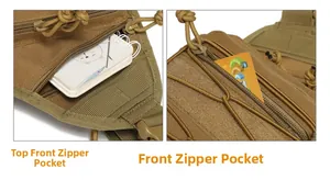 Detail view of khaki tactical chest bag showing front zipper pockets and storage compartments