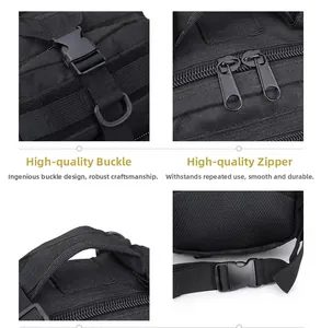 Detail view of durable hardware buckles and zippers on black tactical camping backpack