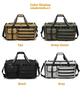 Tactical gym bags shown in tan, army green, black, and grey with MOLLE system and straps