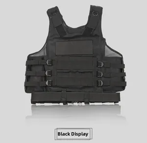 Detail of black tactical vest with breathable mesh, MOLLE system and adjustable buckles