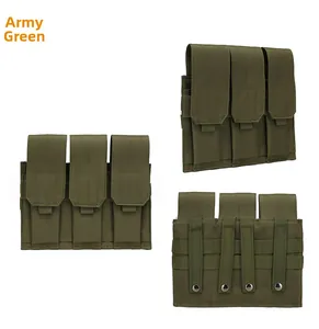 Détail de la pochette triple pour chargeurs vert armée avec sangles MOLLE et boutons