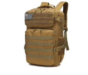 Side view of khaki tactical backpack featuring Molle webbing and adjustable buckle straps