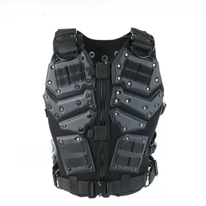 Macro view of modular tactical vest with black nylon fabric and heavy-duty MOLLE system