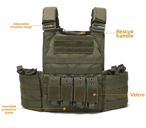Detail of army green tactical vest featuring MOLLE system and rescue handle