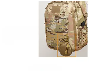 Tactical camo backpack detail showing MOLLE system with round accessory pouch and USB port