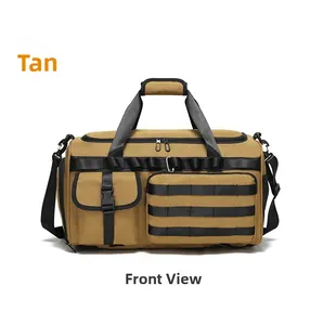 Front view of tan tactical fitness bag with MOLLE system and adjustable shoulder strap
