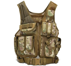 Close-up of tactical vest with woodland camouflage pattern and multiple utility pockets
