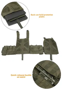 Detail of army green tactical vest featuring quick-release buckles and MOLLE system