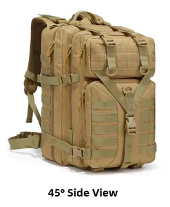 45-degree side view of tactical backpack showing MOLLE webbing and buckles