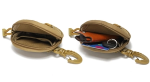 Tactical khaki pouch with mesh pocket and interior storage for keys and cards