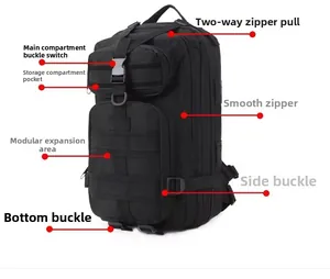 Detail view of black tactical 3P backpack showing MOLLE system and side compression straps
