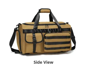 Side view of tactical khaki travel bag with MOLLE webbing system and zippers