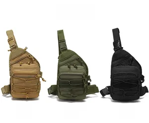 Three tactical crossbody chest bags shown in tan, olive green, and black nylon colors