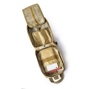 Khaki tactical medical pouch with multi-functional interior compartments and nylon fabric