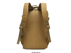 Detail view of khaki tactical backpack featuring breathable mesh straps and reinforced handle