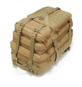 Detail of khaki tactical backpack featuring MOLLE webbing and reinforced compression straps