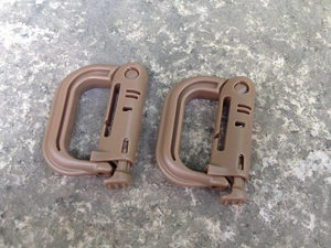 Two pack sand colored tactical D-ring carabiners for outdoor MOLLE system backpacks