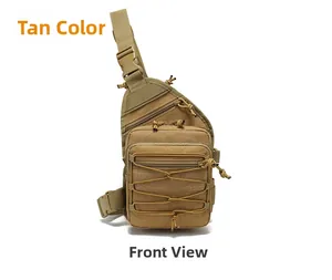 Front view of Tan tactical chest bag featuring MOLLE webbing and elastic cord system