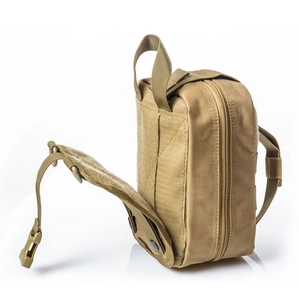 Tactical medical pouch in coyote brown nylon with Molle system and modular design for hiking