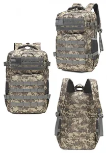 Three-sided view of ACU digital camouflage tactical backpack with MOLLE system and mesh pockets