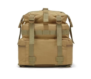 Detail view of khaki tactical backpack featuring MOLLE webbing system and durable buckles