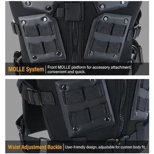 Black tactical vest with MOLLE system and adjustable side buckles for outdoor protection