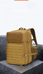 Detail view of khaki tactical backpack with MOLLE system and side mesh bottle pocket