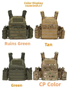 Detail view of tactical vests in Ruins Green, Tan, Green, and CP Camo with MOLLE webbing system