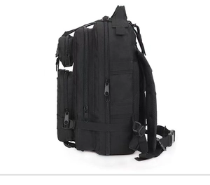 Detail view of black tactical 3P backpack showing side MOLLE system and layered zippers