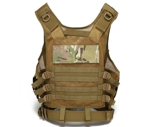 Detail of coyote tan tactical vest with MOLLE system and breathable mesh fabric