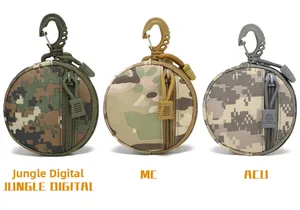 Three tactical mini pouches in jungle digital, MC, and ACU camo with D-ring hooks