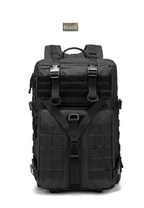 Detailed front view of black tactical backpack with MOLLE webbing and durable buckles