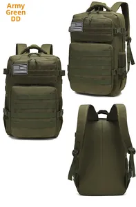 Detailed three-view layout of army green tactical backpack with MOLLE webbing and flag patch