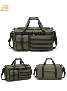 Detailed views of army green tactical duffle bag with Molle system and sturdy straps
