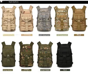 Tactical backpack collage showing various camouflage and solid color options with MOLLE system
