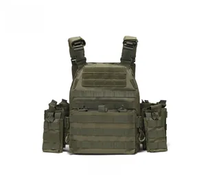 Tactical vest detail showing military green MOLLE system and nylon quick-release buckles