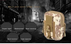 Detail of desert digital camo tactical belt pouch with dual zippers and buckle straps