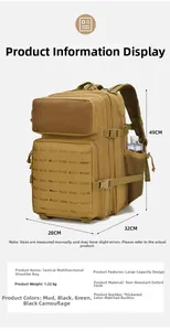 Detailed view of tactical camo backpack showing 49x28x32cm dimensions and side mesh pocket