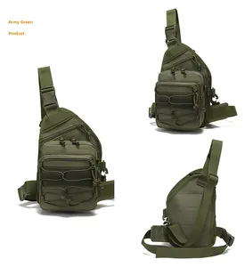 Three-angle view of army green tactical chest bag featuring MOLLE system and nylon fabric
