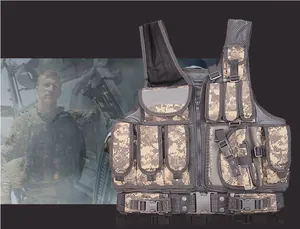 Detail of ACU digital camo tactical vest with multiple utility pouches and adjustable belt