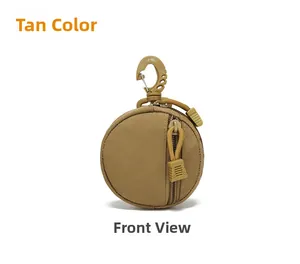 Detail view of the durable tan nylon tactical coin pouch with dual zippers and carabiner