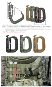 Tactical D-ring carabiner detail showing 90kg load capacity and MOLLE webbing use