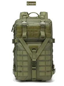 Detailed view of military green tactical backpack with MOLLE system and sturdy Y-strap
