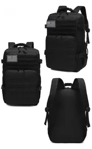 Front, side, and back views of a black tactical backpack with nylon texture and US flag patch