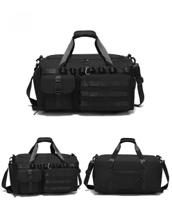 Tactical black duffel bag with Molle system, multiple pockets and reinforced handles