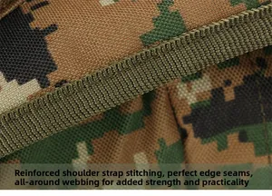 Close-up of reinforced stitching and tactical straps on camo hiking backpack